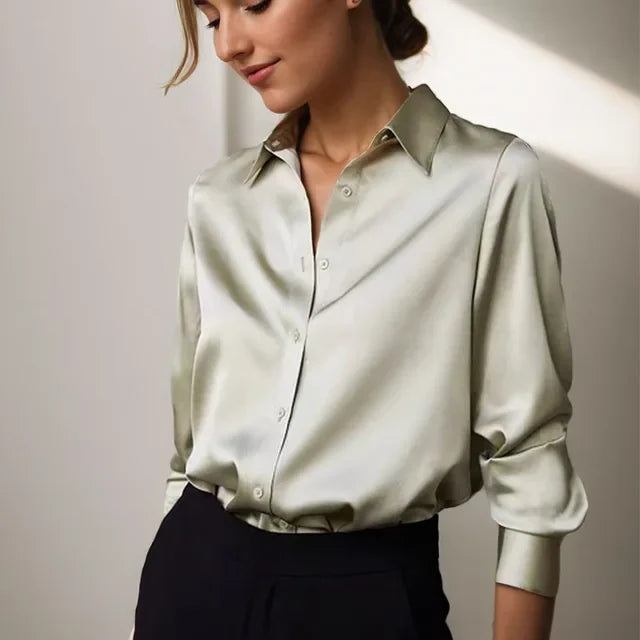 Sienna | Point Collar Button-Front Long Sleeve Relaxed Satin Blouse