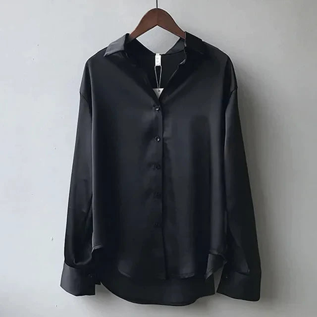 Sienna | Point Collar Button-Front Long Sleeve Relaxed Satin Blouse