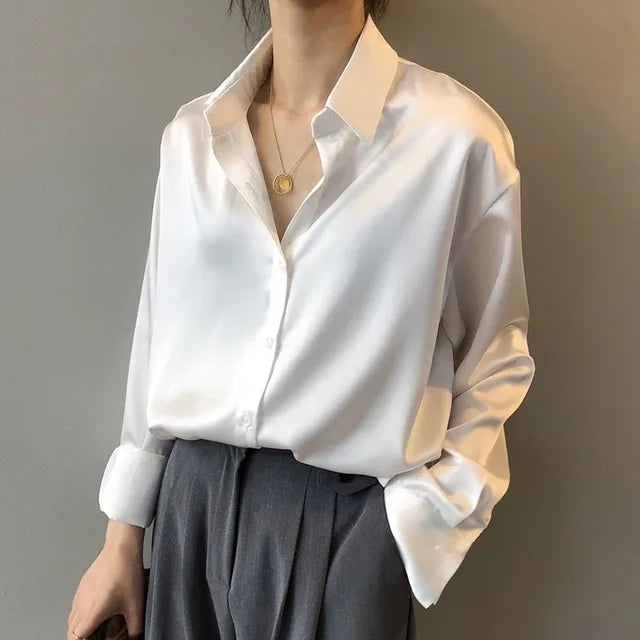 Sienna | Point Collar Button-Front Long Sleeve Relaxed Satin Blouse