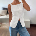 Zoe | Square Neck Button Front Sleeveless Textured Knit Top