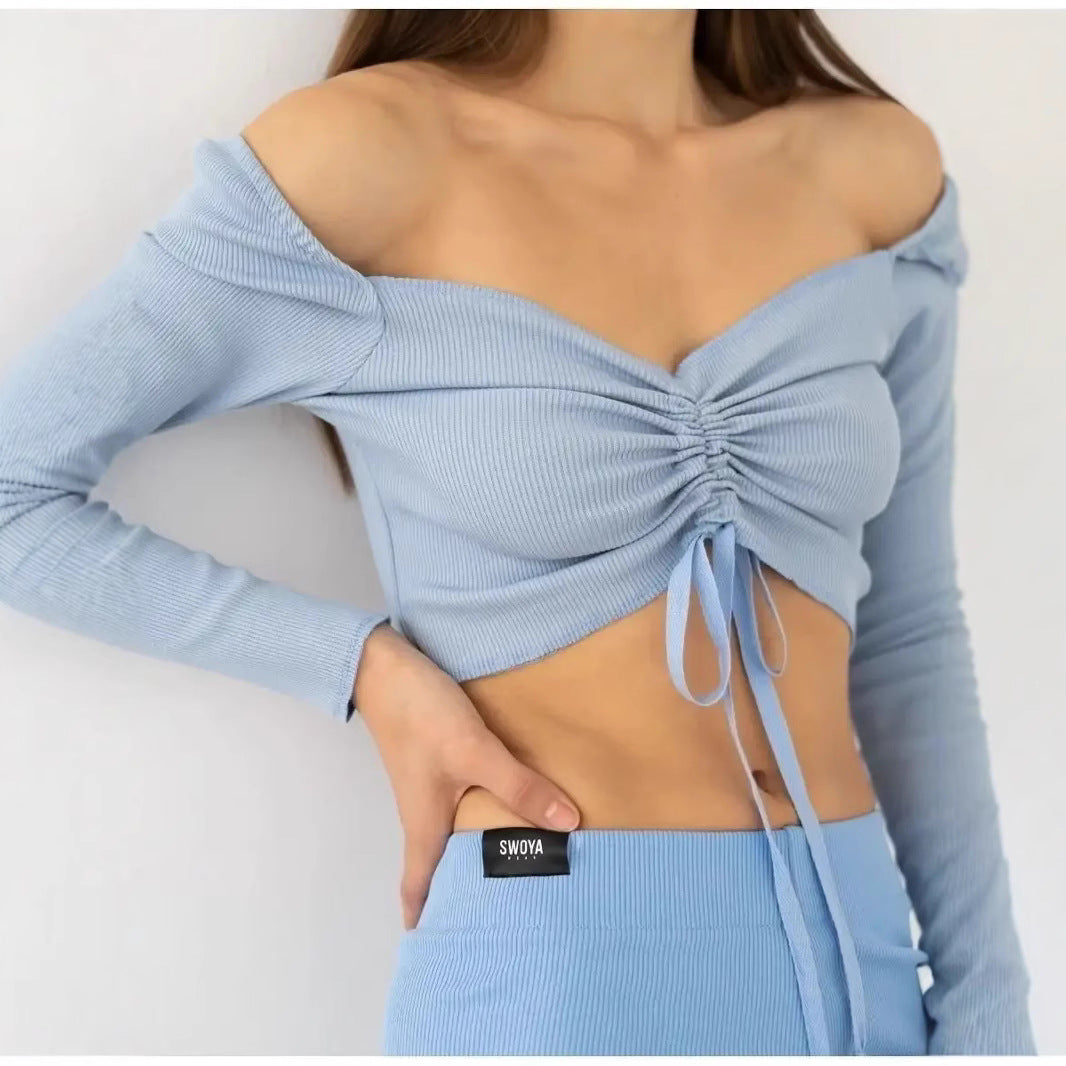 Tessa | Sweetheart Neck Ruched Drawstring Long Sleeve Ribbed Crop Top