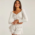 Tessa | Sweetheart Neck Ruched Drawstring Long Sleeve Ribbed Crop Top