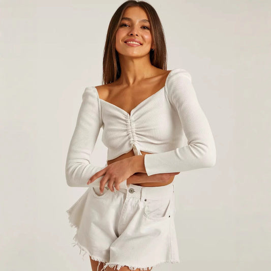 Tessa | Sweetheart Neck Ruched Drawstring Long Sleeve Ribbed Crop Top