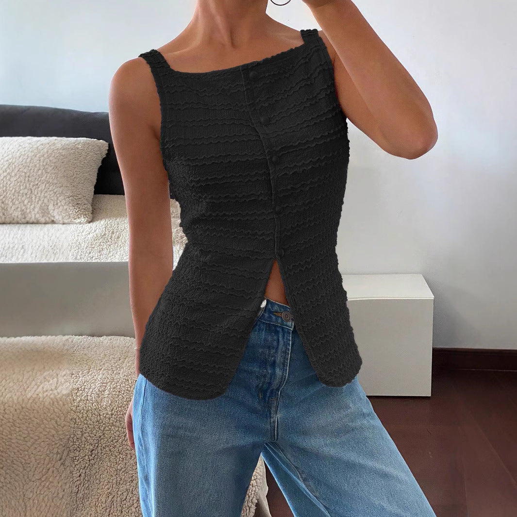 Zoe | Square Neck Button Front Sleeveless Textured Knit Top