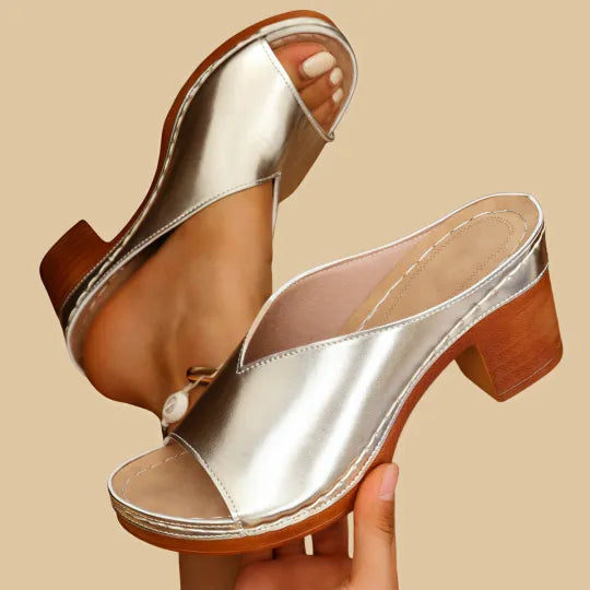 Stella | Metallic Open-Toe Block Heel Platform Mules