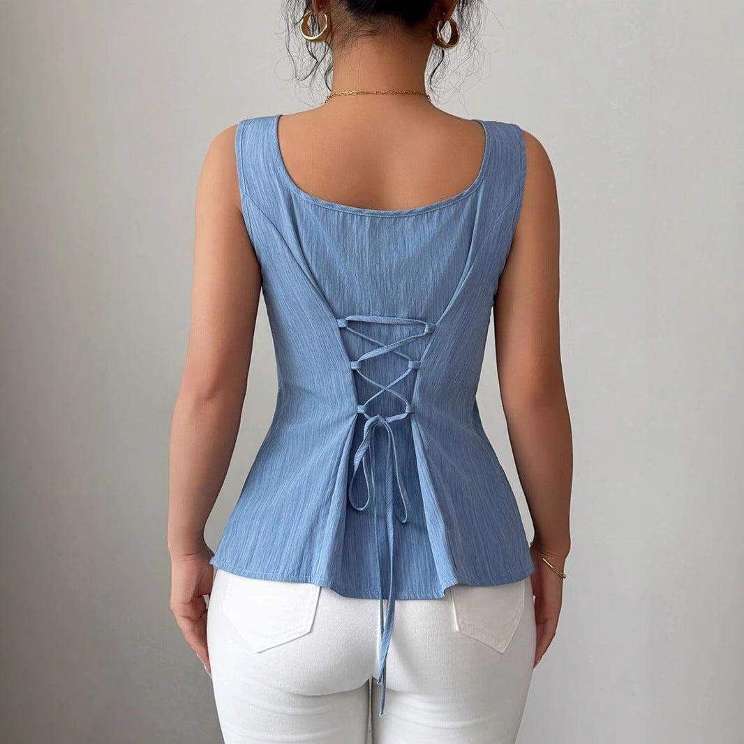 Nina | Square Neck Sleeveless Peplum Flare Hem Tank Top