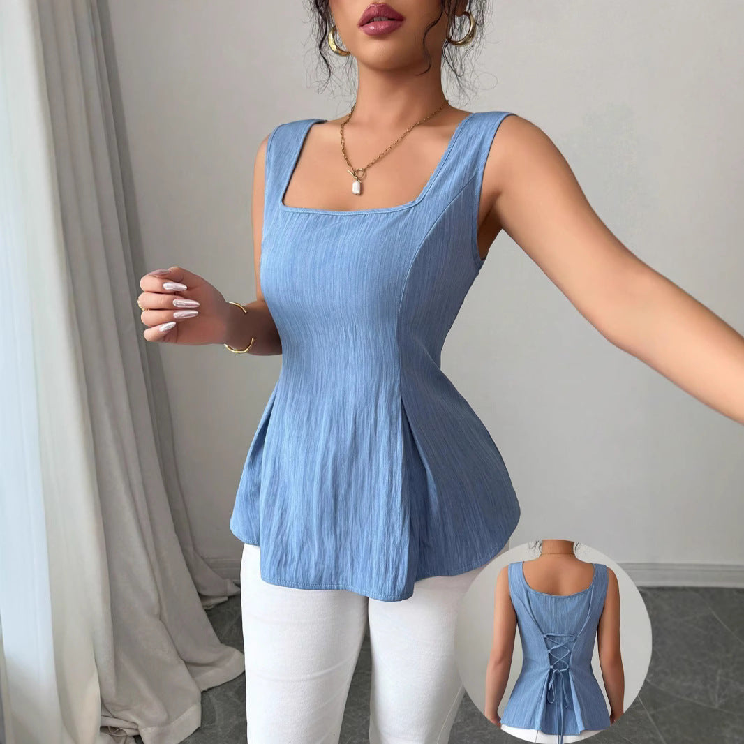 Nina | Square Neck Sleeveless Peplum Flare Hem Tank Top