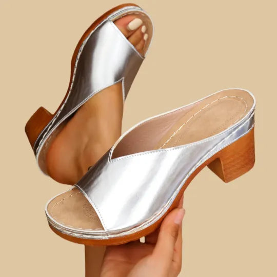 Stella | Metallic Open-Toe Block Heel Platform Mules