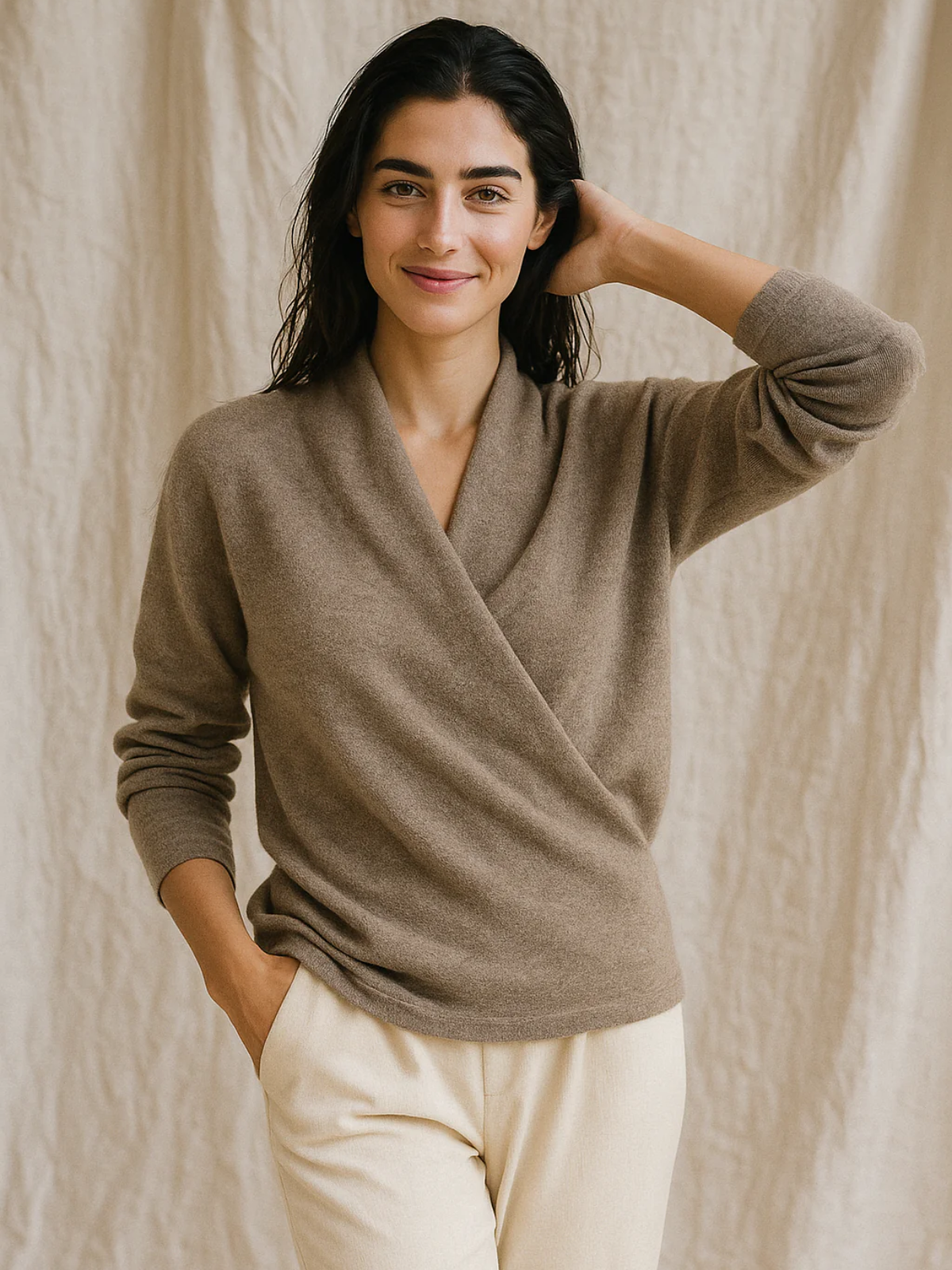 Camille | Wrap V-Neck Long Sleeve Relaxed Cashmere-Feel Knit Sweater