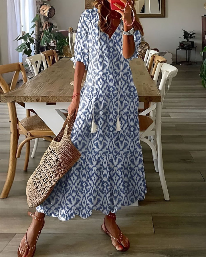 Zara | Ikat Print Tassel-Tie V-Neck Maxi Dress