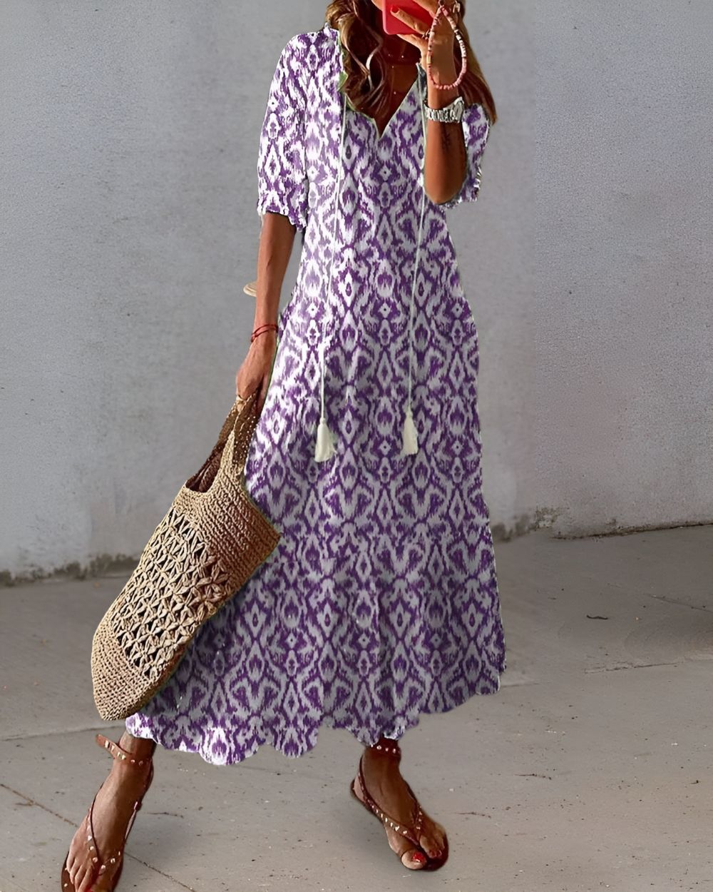 Zara | Ikat Print Tassel-Tie V-Neck Maxi Dress