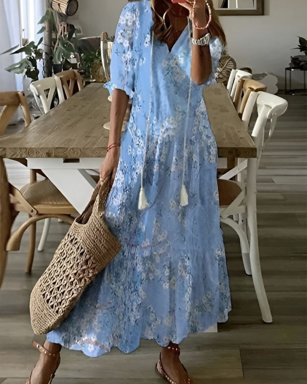 Zara | Ikat Print Tassel-Tie V-Neck Maxi Dress