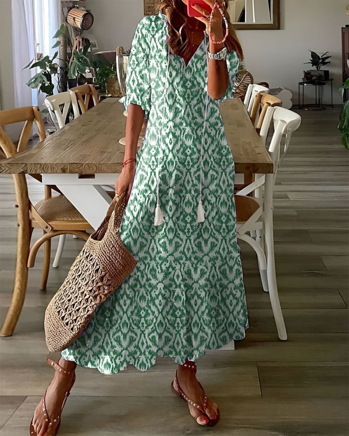 Zara | Ikat Print Tassel-Tie V-Neck Maxi Dress