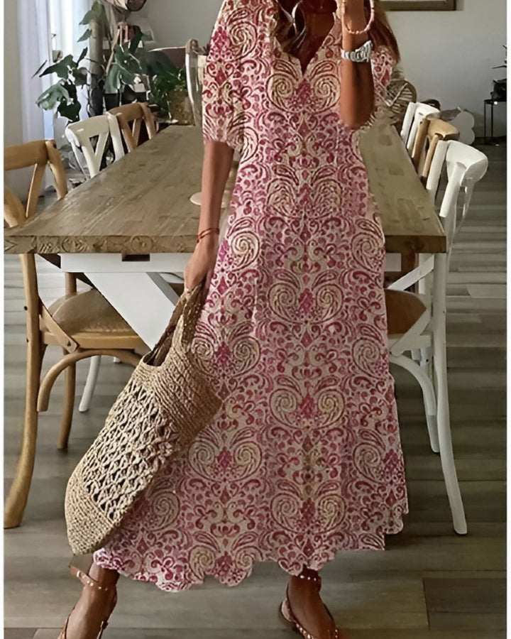 Zara | Ikat Print Tassel-Tie V-Neck Maxi Dress