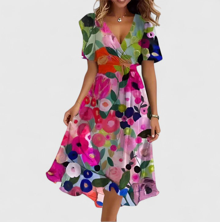 Rosa | Floral Chiffon Puff Sleeve Ruched Waist Midi Dress