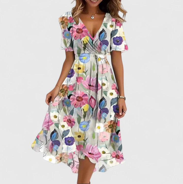 Rosa | Floral Chiffon Puff Sleeve Ruched Waist Midi Dress