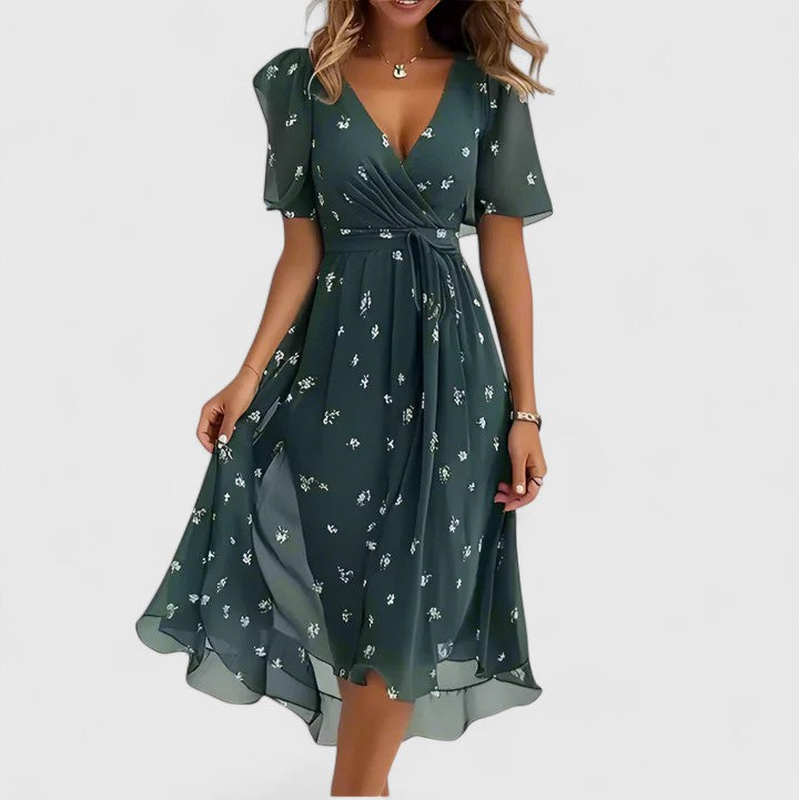 Rosa | Floral Chiffon Puff Sleeve Ruched Waist Midi Dress