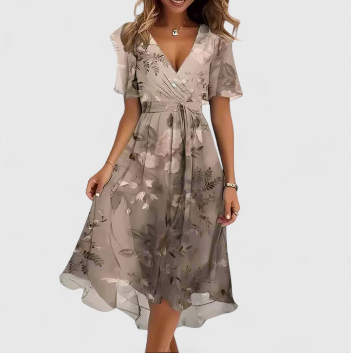 Rosa | Floral Chiffon Puff Sleeve Ruched Waist Midi Dress