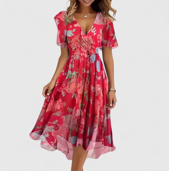 Rosa | Floral Chiffon Puff Sleeve Ruched Waist Midi Dress