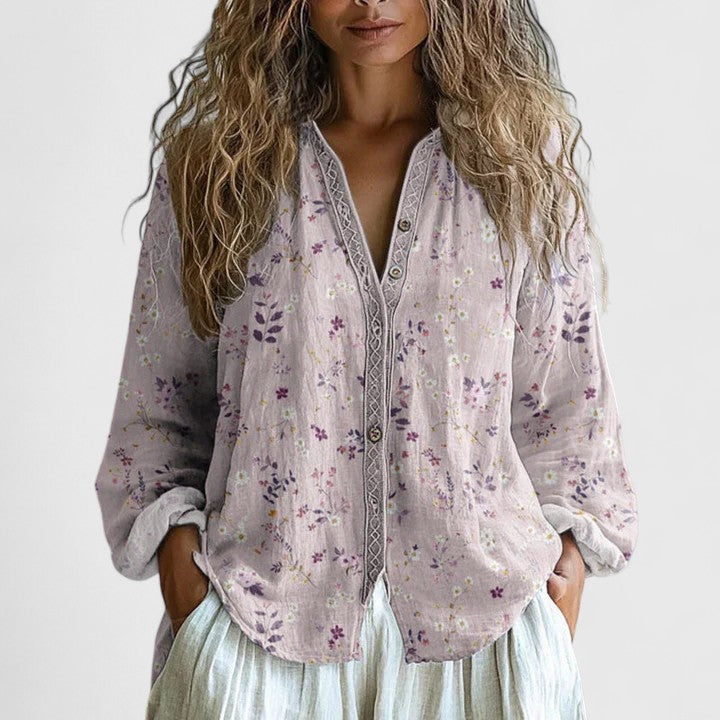 Iris | Floral Print V-Neck Button-Up Long Sleeve Shirt