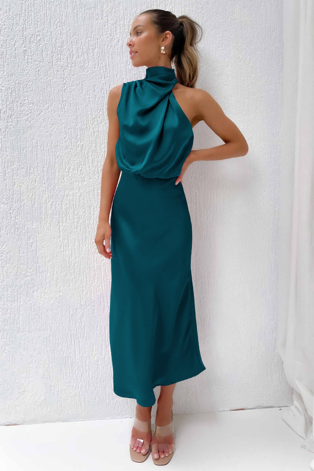 Marisande | Women's Halter Neck Satin Midi Dress
