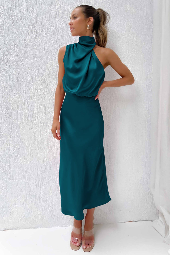 Serena | Satin Halter Neck Draped Blouson Midi Dress
