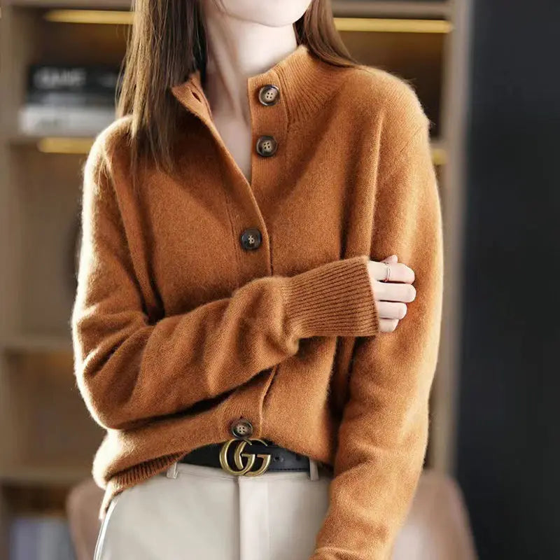Diana | Notch Lapel Button-Front Long Sleeve Knit Cardigan