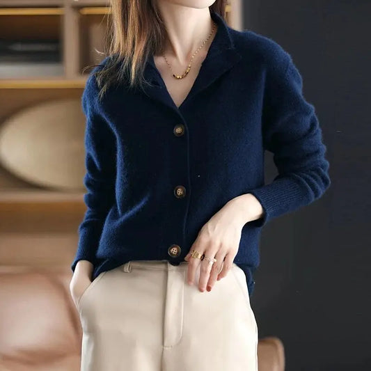 Diana | Notch Lapel Button-Front Long Sleeve Knit Cardigan