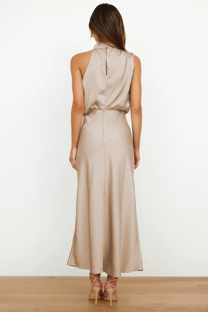 Serena | Satin Halter Neck Draped Blouson Midi Dress