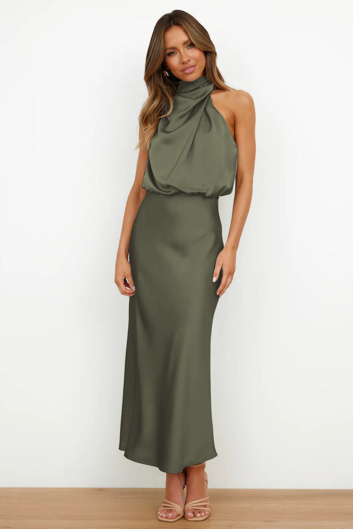 Serena | Satin Halter Neck Draped Blouson Midi Dress