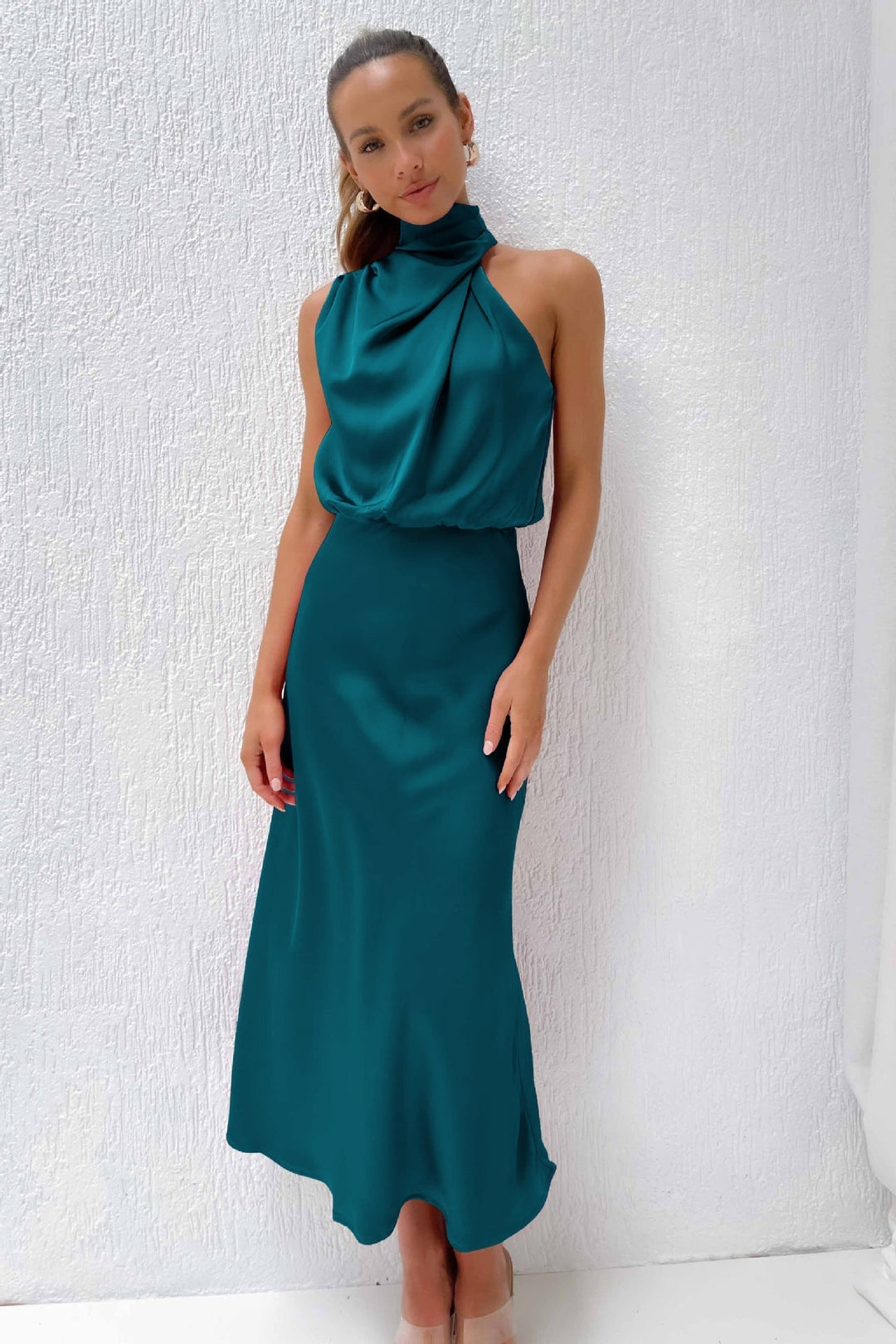 Serena | Satin Halter Neck Draped Blouson Midi Dress