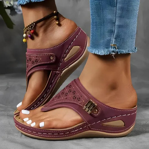 Demi | Cutout Embroidered Toe Loop Wedge Slide Sandals