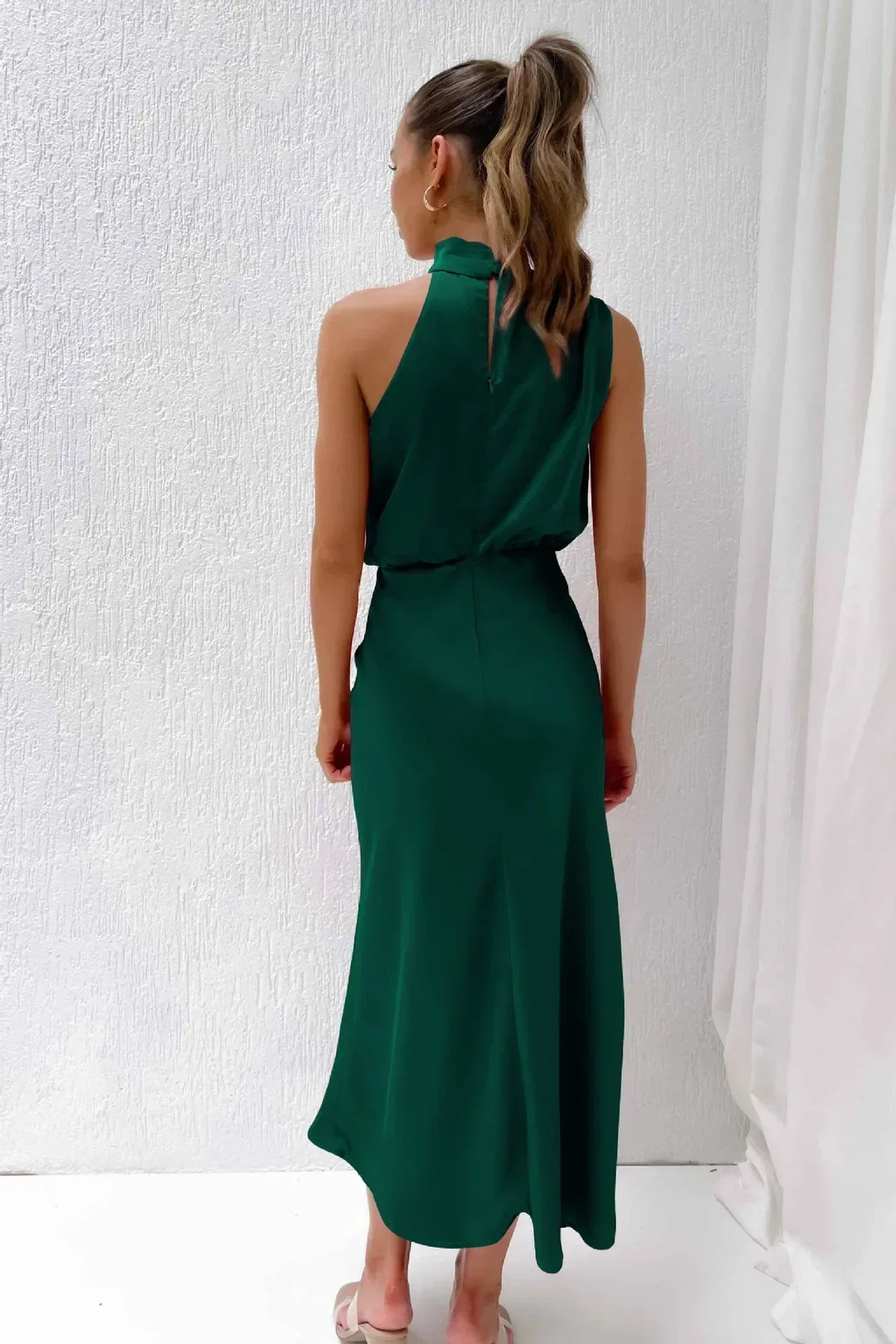 Serena | Satin Halter Neck Draped Blouson Midi Dress