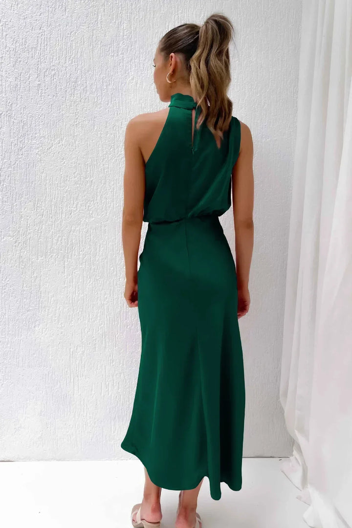 Serena | Satin Halter Neck Draped Blouson Midi Dress