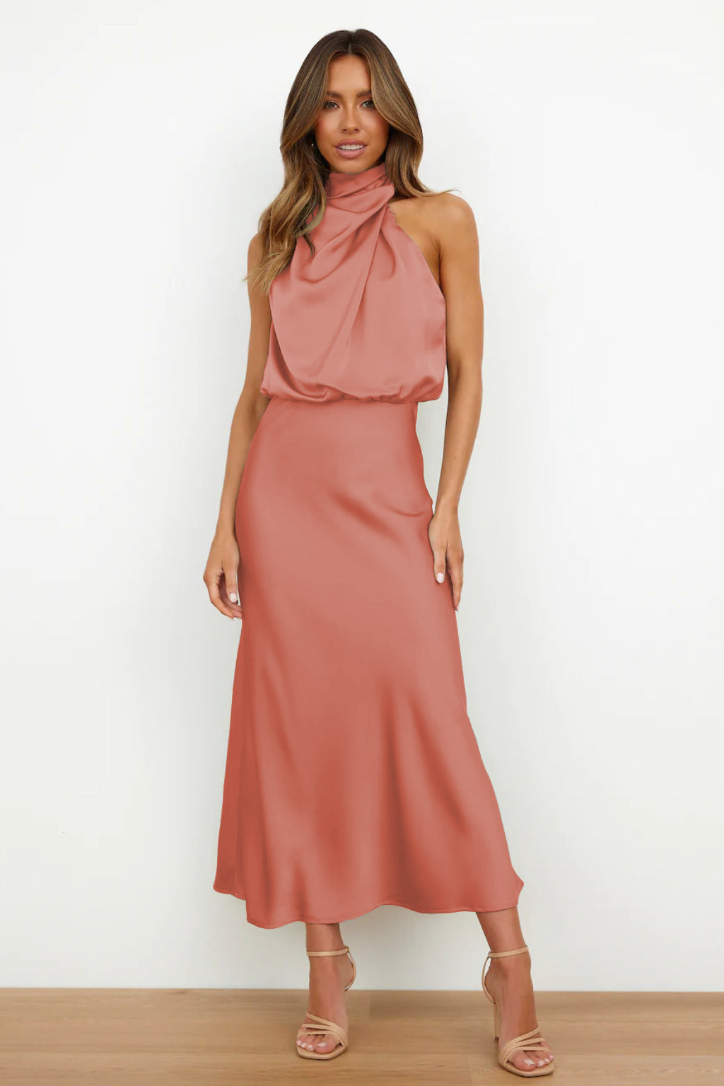 Serena | Satin Halter Neck Draped Blouson Midi Dress