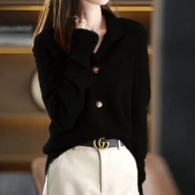 Diana | Notch Lapel Button-Front Long Sleeve Knit Cardigan