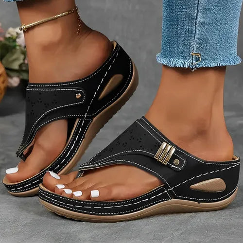 Demi | Cutout Embroidered Toe Loop Wedge Slide Sandals