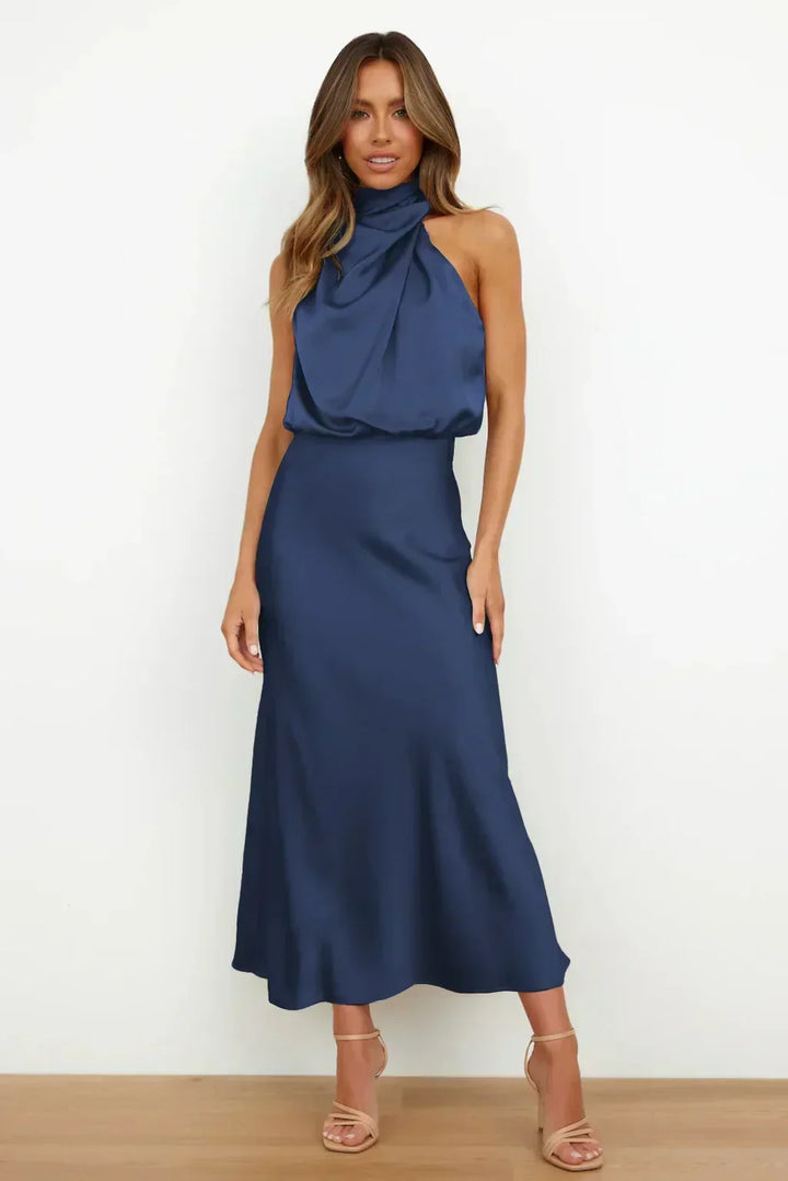 Serena | Satin Halter Neck Draped Blouson Midi Dress