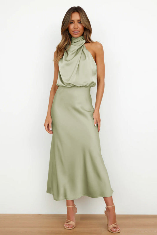 Marisande | Women's Halter Neck Satin Midi Dress