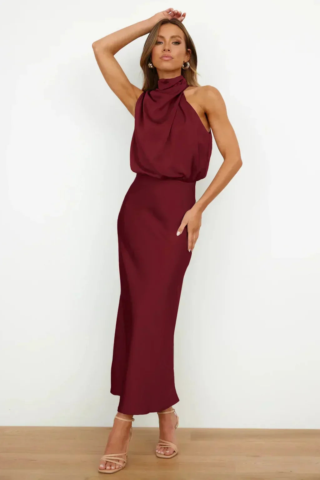 Serena | Satin Halter Neck Draped Blouson Midi Dress