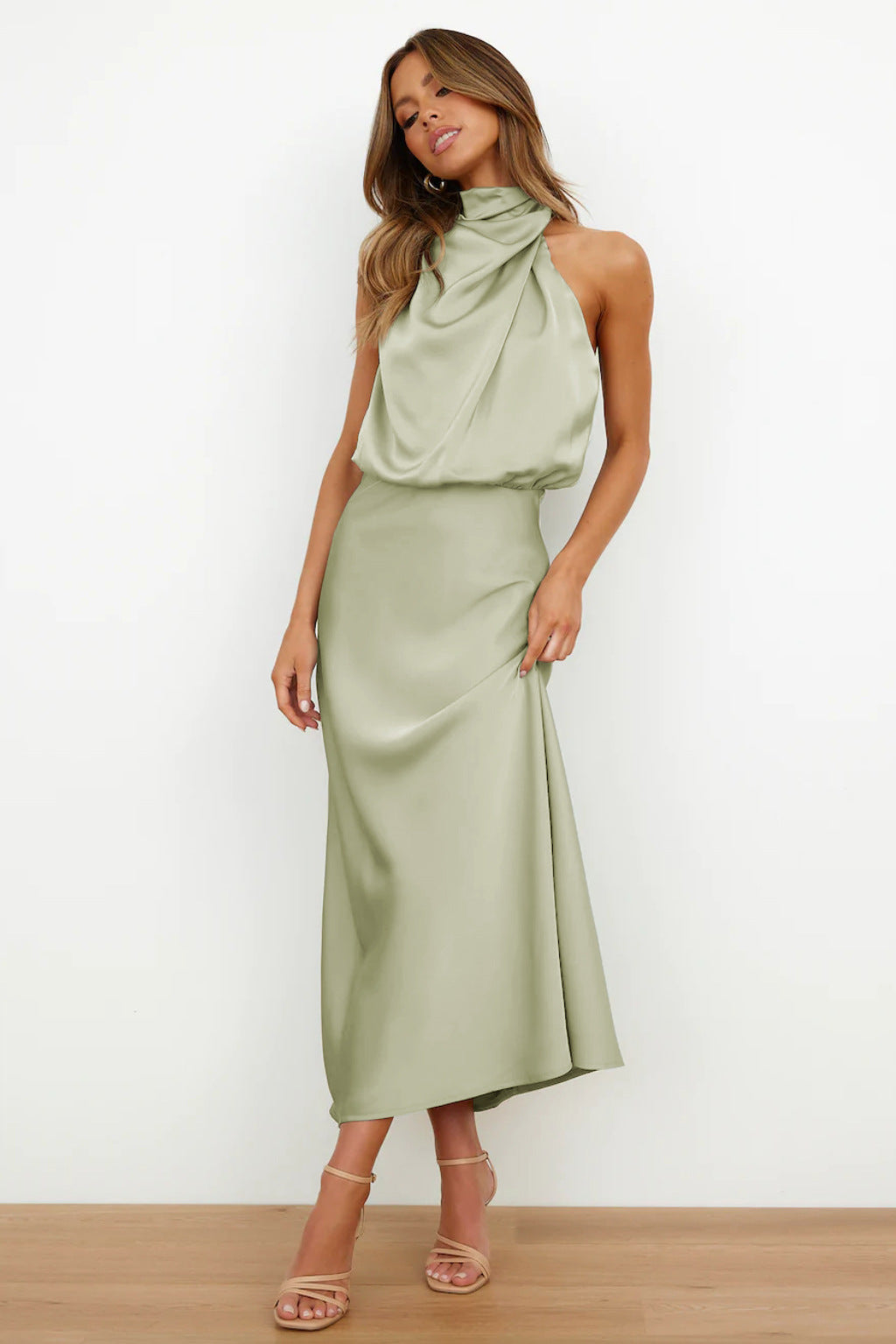 Serena | Satin Halter Neck Draped Blouson Midi Dress