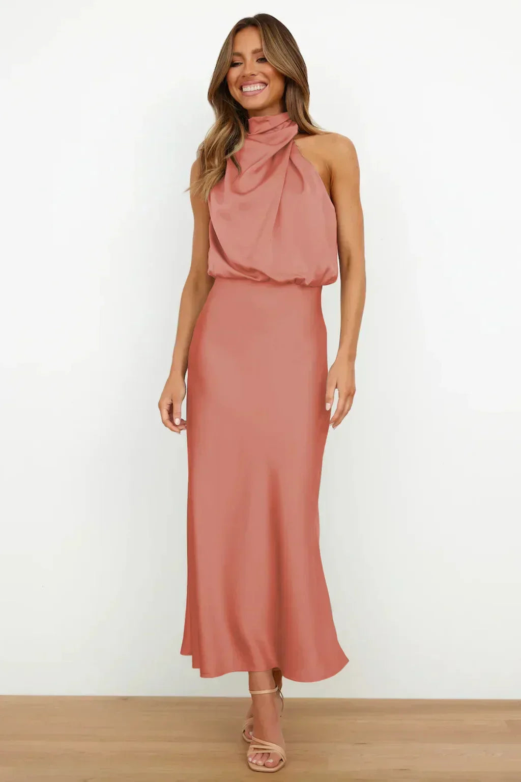 Serena | Satin Halter Neck Draped Blouson Midi Dress