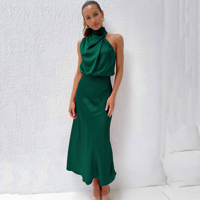 Serena | Satin Halter Neck Draped Blouson Midi Dress