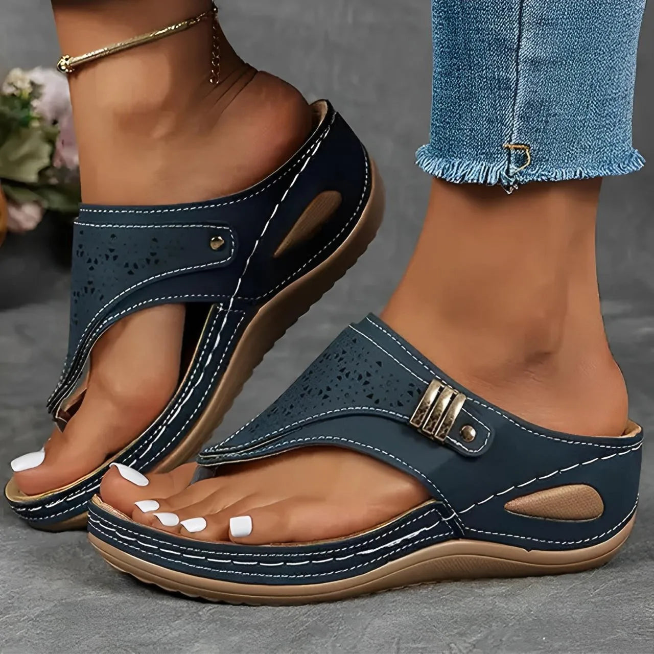 Demi | Cutout Embroidered Toe Loop Wedge Slide Sandals