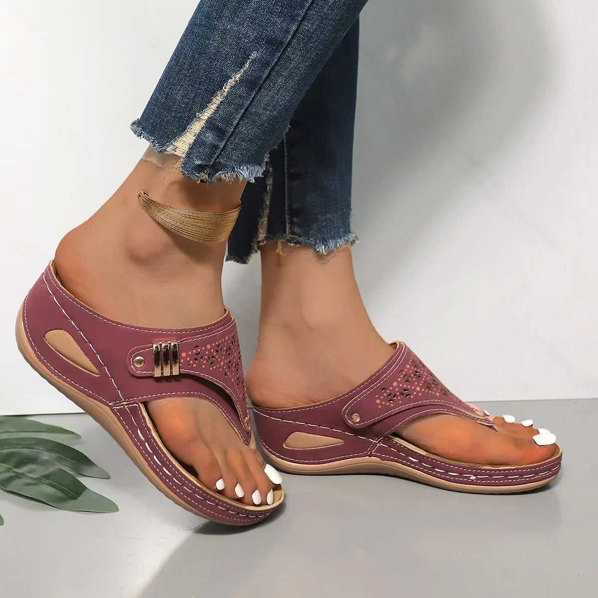 Demi | Cutout Embroidered Toe Loop Wedge Slide Sandals