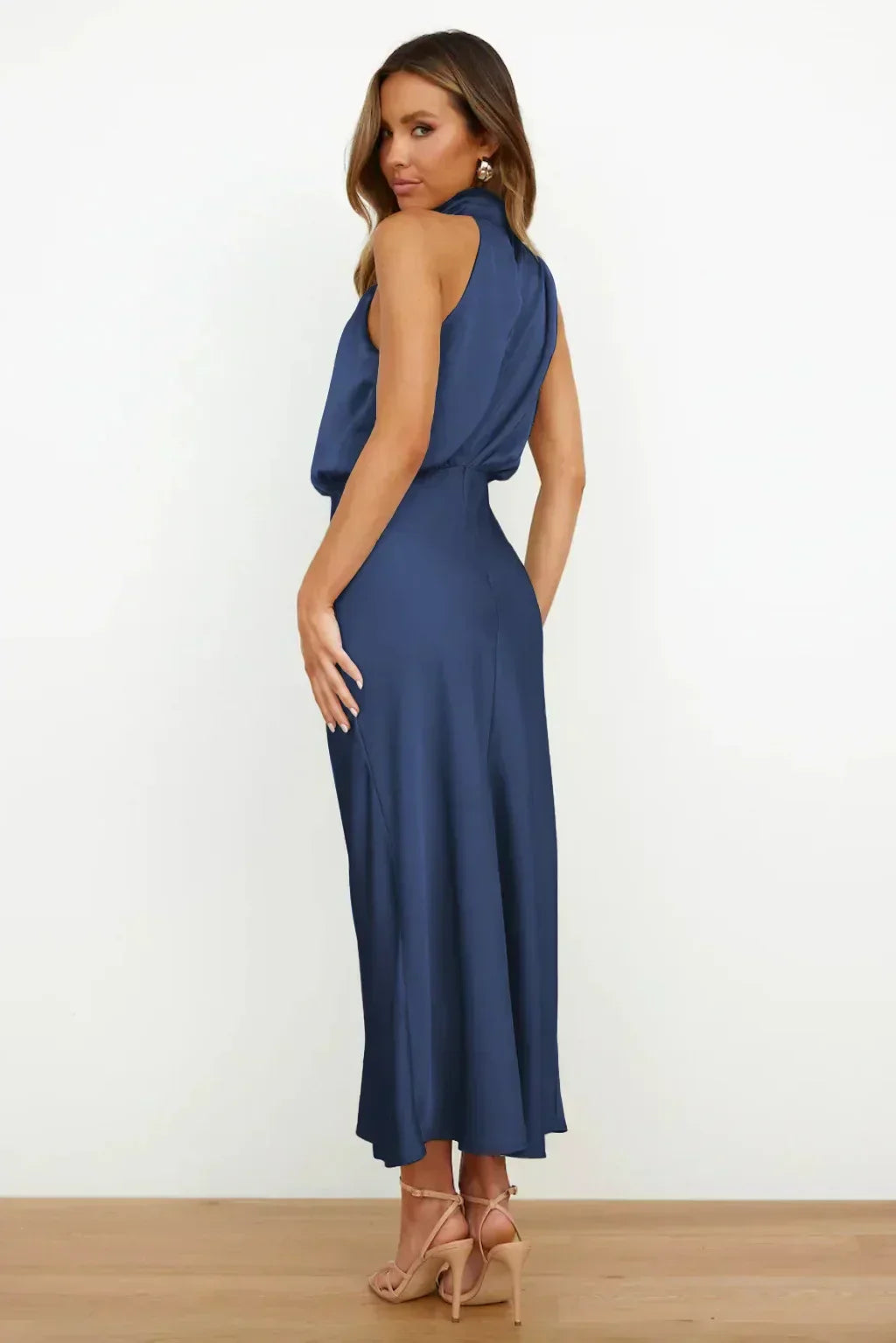 Serena | Satin Halter Neck Draped Blouson Midi Dress