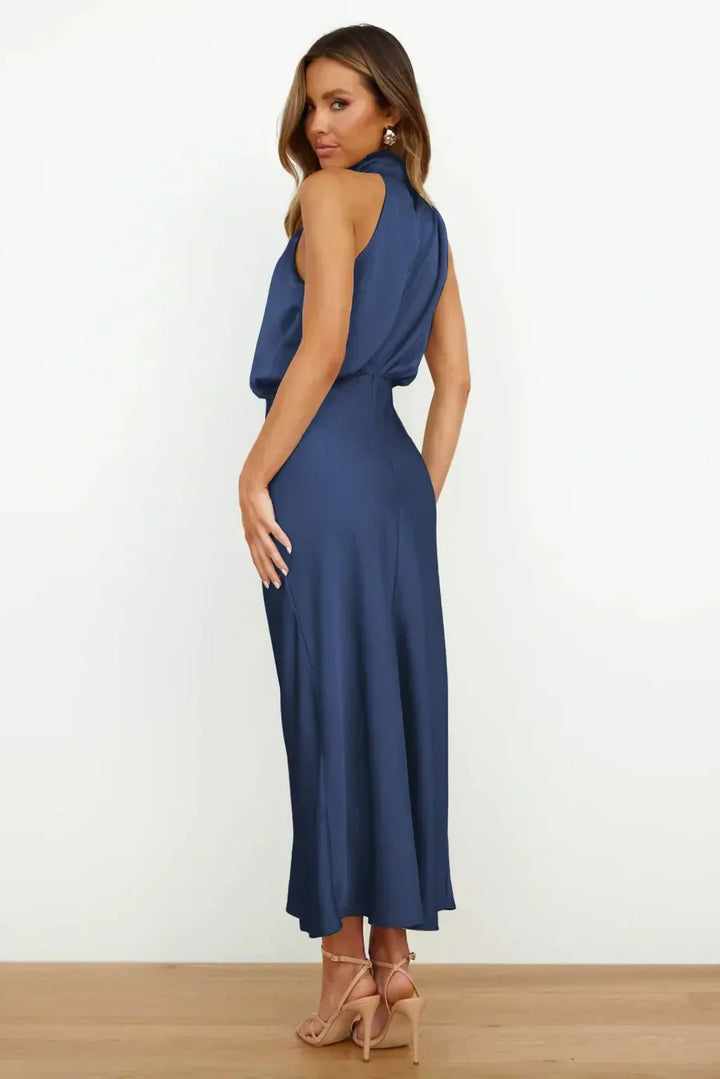 Serena | Satin Halter Neck Draped Blouson Midi Dress