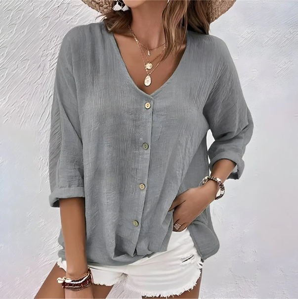 Lola | V-Neck Button-Front Three-Quarter Sleeve Relaxed Linen Shirt