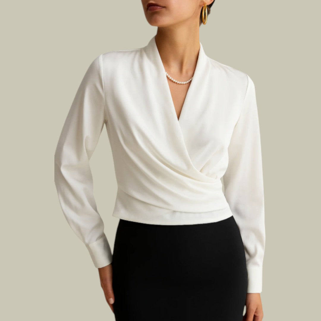 Vivienne | Shawl Collar Wrap Front Puff Shoulder Long Sleeve Satin Blouse