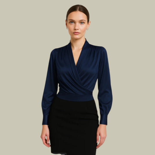 Vivienne | Shawl Collar Wrap Front Puff Shoulder Long Sleeve Satin Blouse